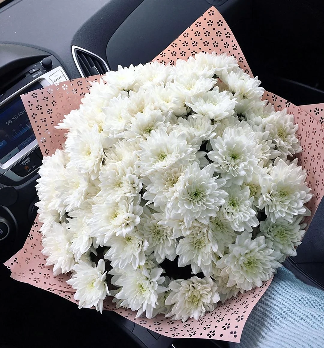 Букет хризантем белых в машине