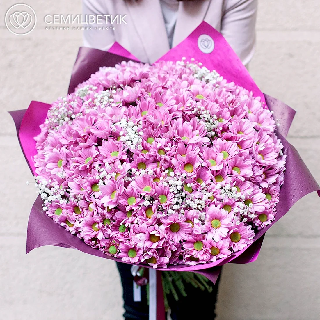 Букет розовая Хризантема белая гипсофила